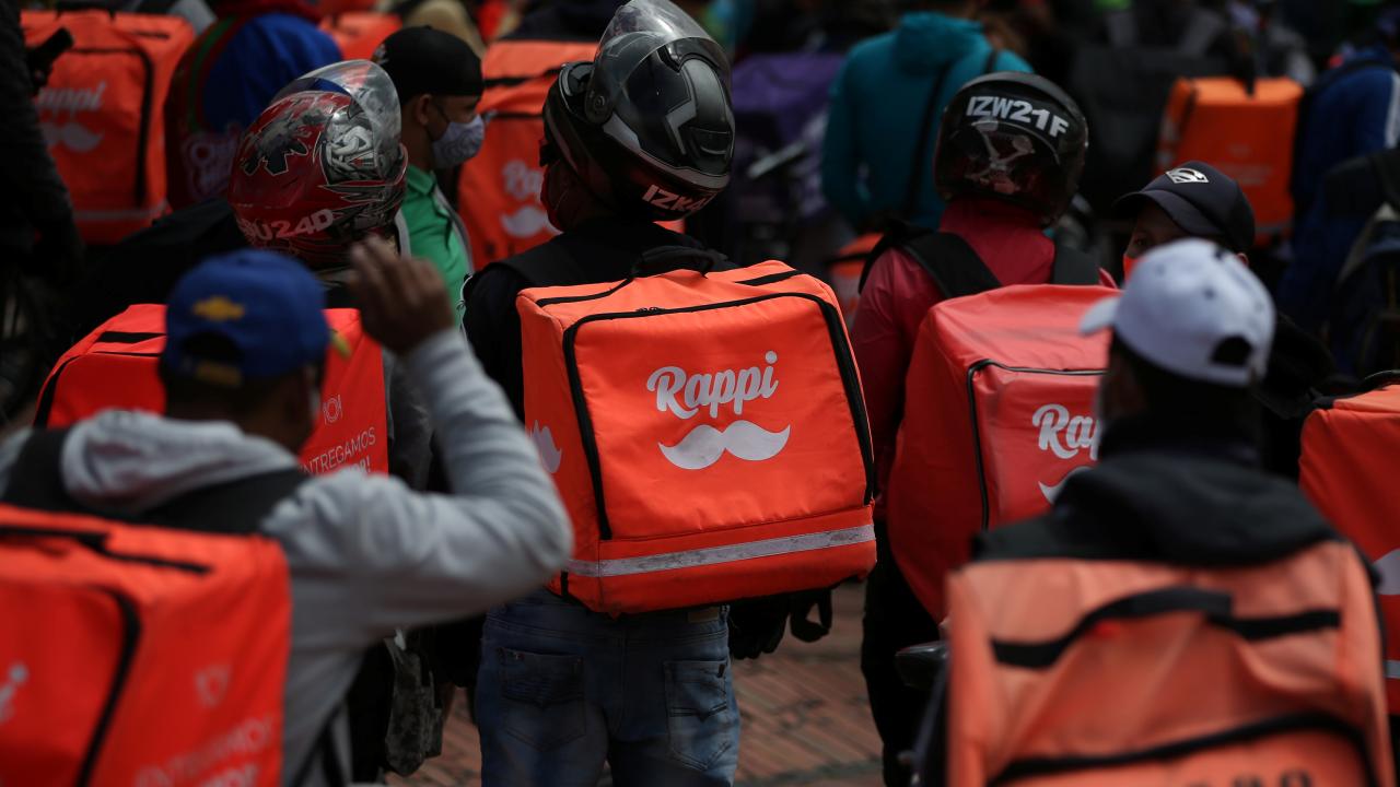 elivery workers for Rappi and other delivery apps protest as part of a strike to demand better wages and working conditions, amid the coronavirus disease (COVID-19) outbreak, in Bogota, Colombia.