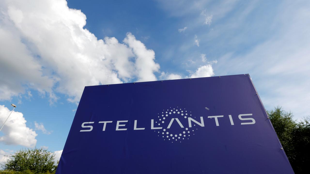A view shows the logo of Stellantis at the entrance of the company's factory in Hordain, France.