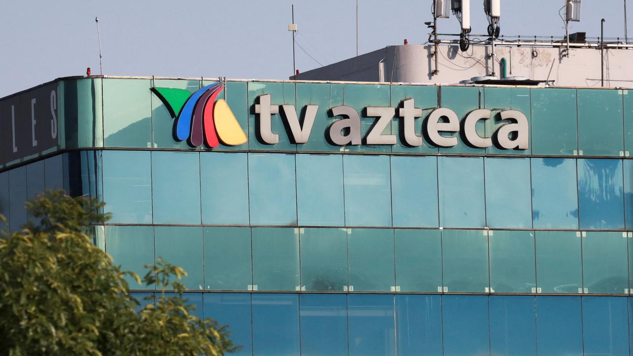 The logo of broadcaster TV Azteca is seen outside its headquarters in Mexico City, Mexico.