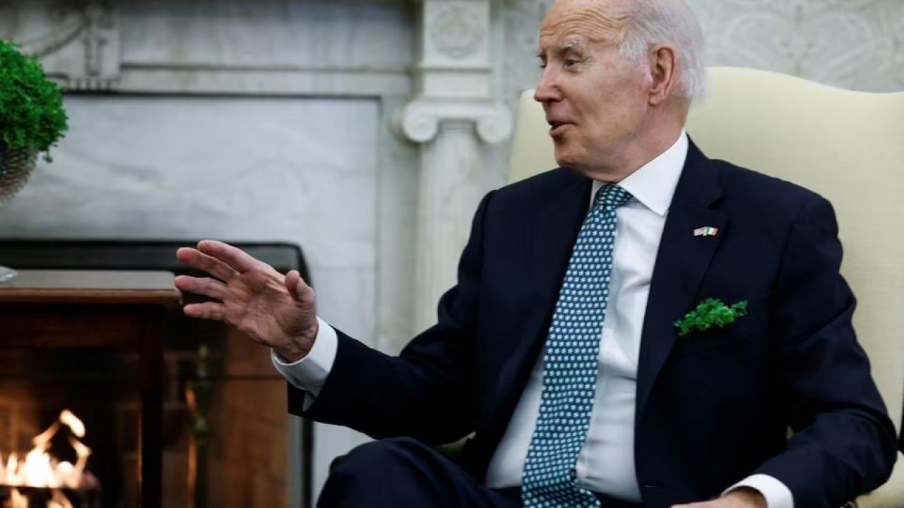 U.S. President Joe Biden speaks as he meets with Ireland's Prime Minister (Taoiseach) Leo Varadkar in the Oval Office at the White House in Washington.