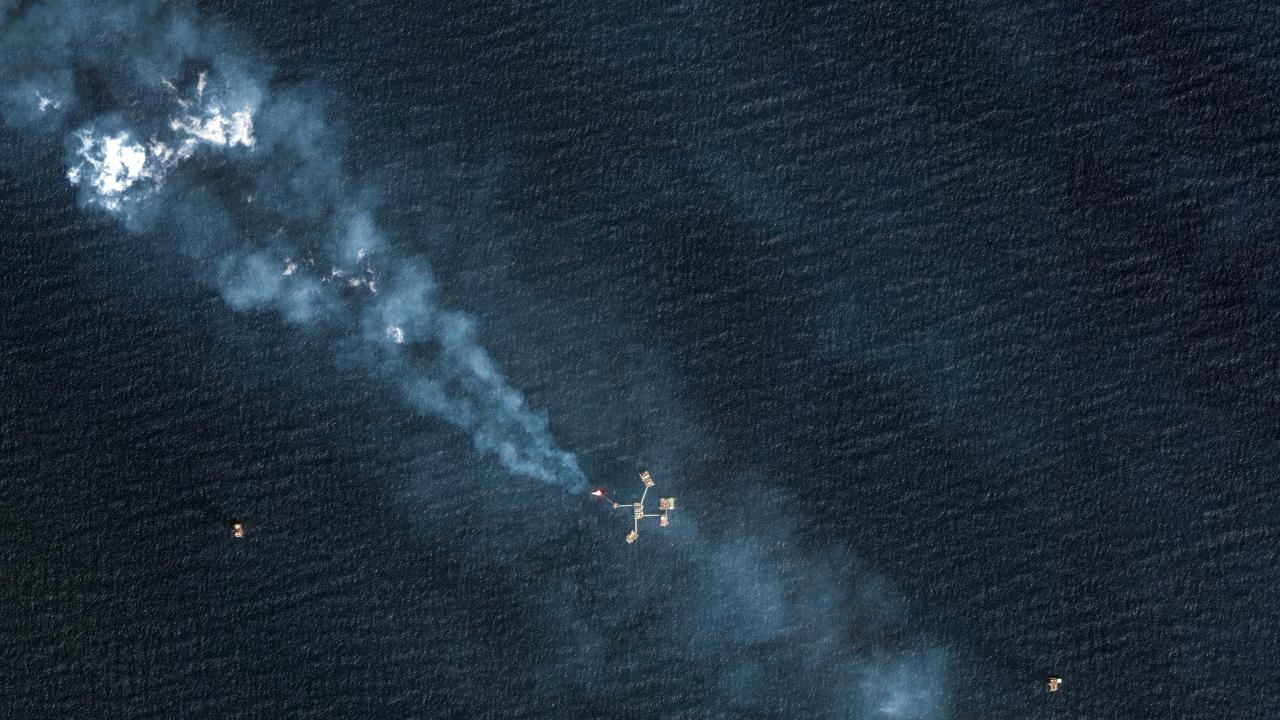 Natural gas is being burnt off from the Zaap-C platform operated by Mexican state energy company Petroleos Mexicanos, or Pemex, in the Bay of Campeche, Gulf of Mexico, February 15, 2020. 