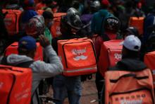 elivery workers for Rappi and other delivery apps protest as part of a strike to demand better wages and working conditions, amid the coronavirus disease (COVID-19) outbreak, in Bogota, Colombia.