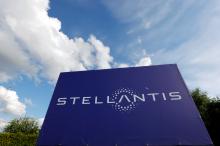 A view shows the logo of Stellantis at the entrance of the company's factory in Hordain, France.