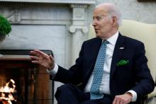 U.S. President Joe Biden speaks as he meets with Ireland's Prime Minister (Taoiseach) Leo Varadkar in the Oval Office at the White House in Washington.