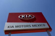 A sign of Kia Motors is seen at the manufacturing plant in Pesqueria, on the outskirts of Monterrey, Mexico.